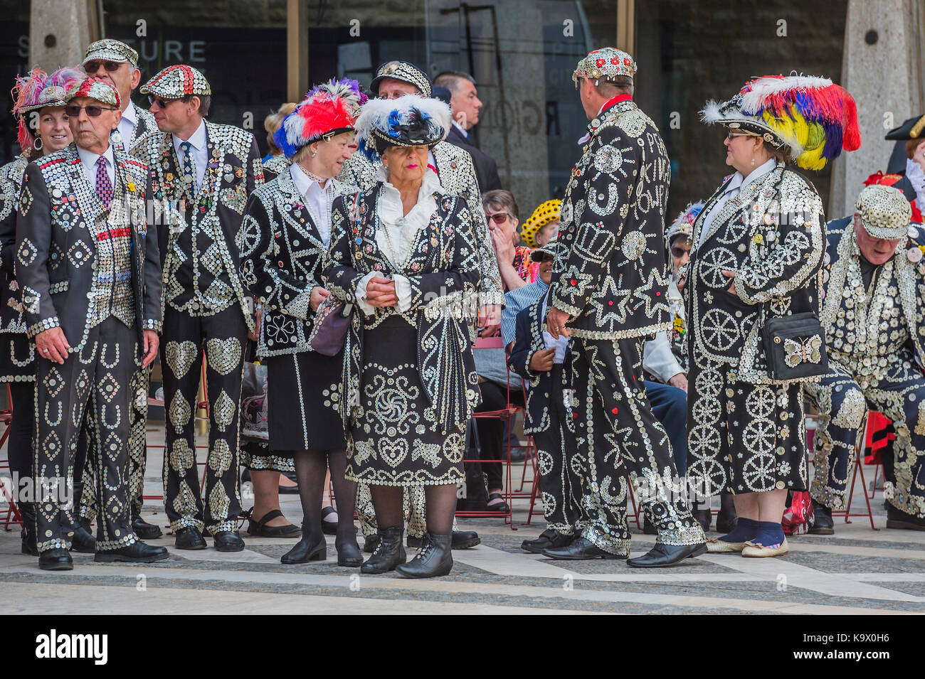 London, UK. 24th September, 2017. The annual Harvest Festival organised by the Pearly Society starts with a ceremony in Guild hall courtyard and then processes to Bow Church in the City of London. Pearly Kings and Queens of London get together for the biggest event in the Pearly calendar. London 24 Sep 2017. Credit: Guy Bell/Alamy Live News Stock Photo