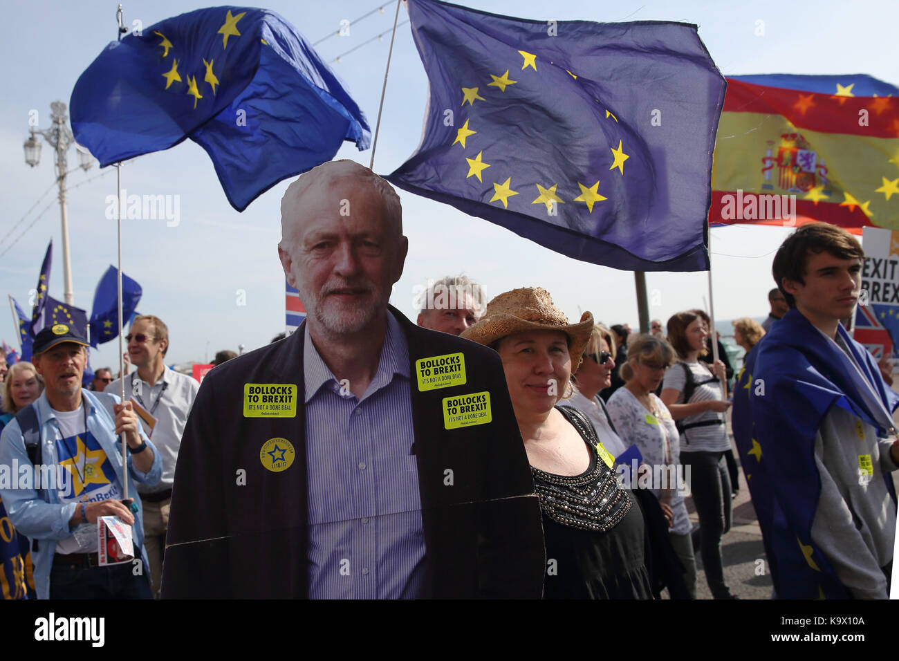 Brighton, UK. 24th September, 2017. Holding a cardboard cutout of Jeremy Corbyn, leader of Britain's opposition Labour Party, Pro European Union supporters demonstrate during a protest against Brexit in Brighton, UK, Sunday, September 24, 2017. Protesters rallied outside the annual Labour Party Conference being held in Brighton and attended by the opposition leader Jeremy Corbyn. Photograph : Credit: Luke MacGregor/Alamy Live News Stock Photo