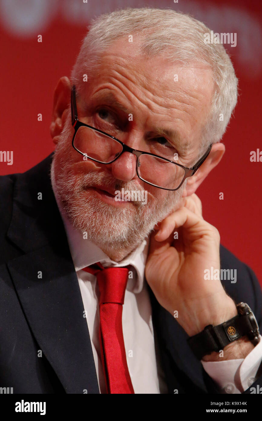 Brighton, UK. 24th September, 2017. ¤Jeremy Corbyn, leader of Britain's opposition Labour party touches his face during the annual Labour Party Conference in Brighton, UK Sunday, September 24, 2017. Photograph : Credit: Luke MacGregor/Alamy Live News Stock Photo