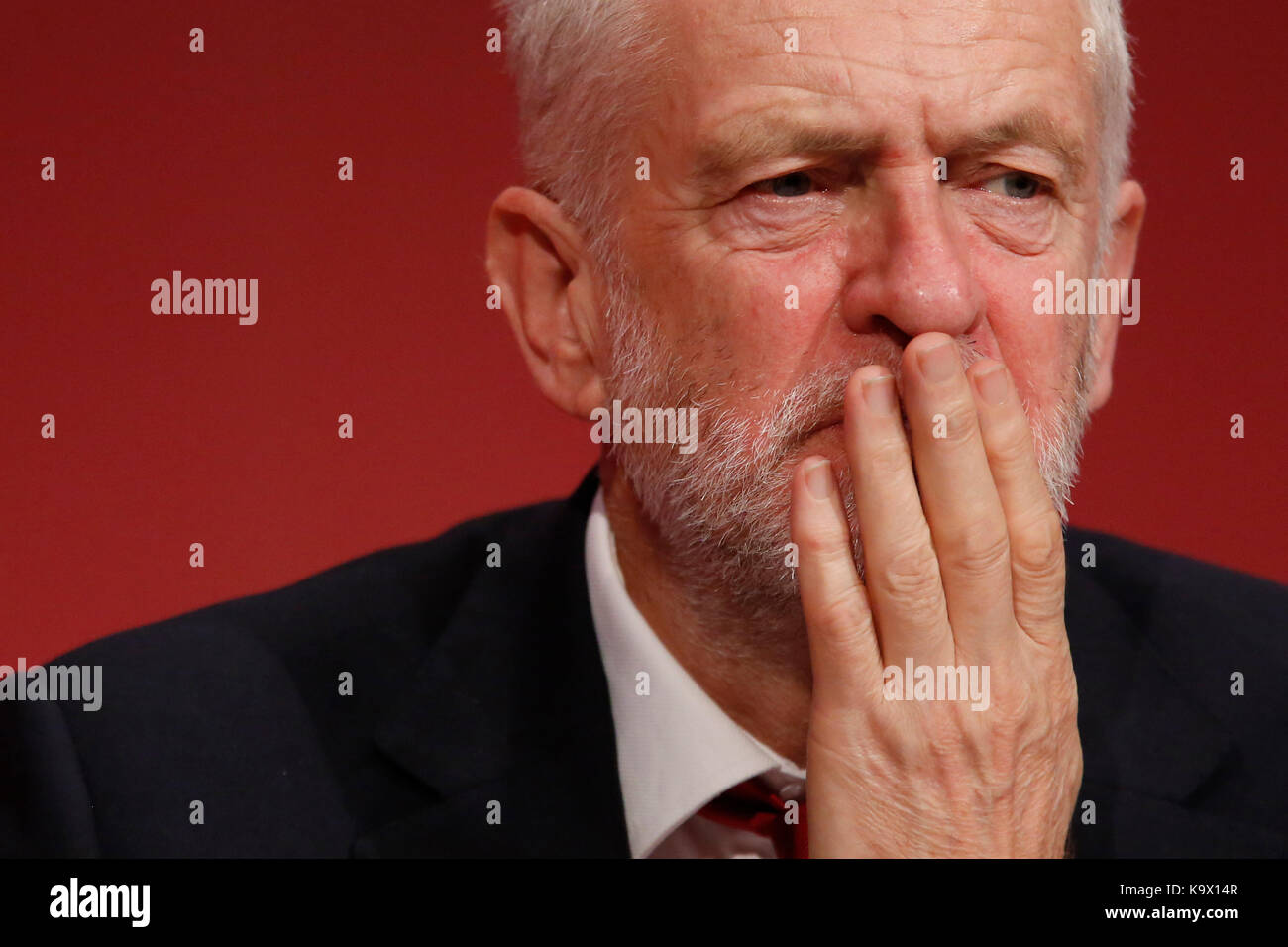 Brighton, UK. 24th September, 2017. Jeremy Corbyn, leader of Britain's opposition Labour party touches his face during the annual Labour Party Conference in Brighton, UK Sunday, September 24, 2017. Photograph : Credit: Luke MacGregor/Alamy Live News Stock Photo