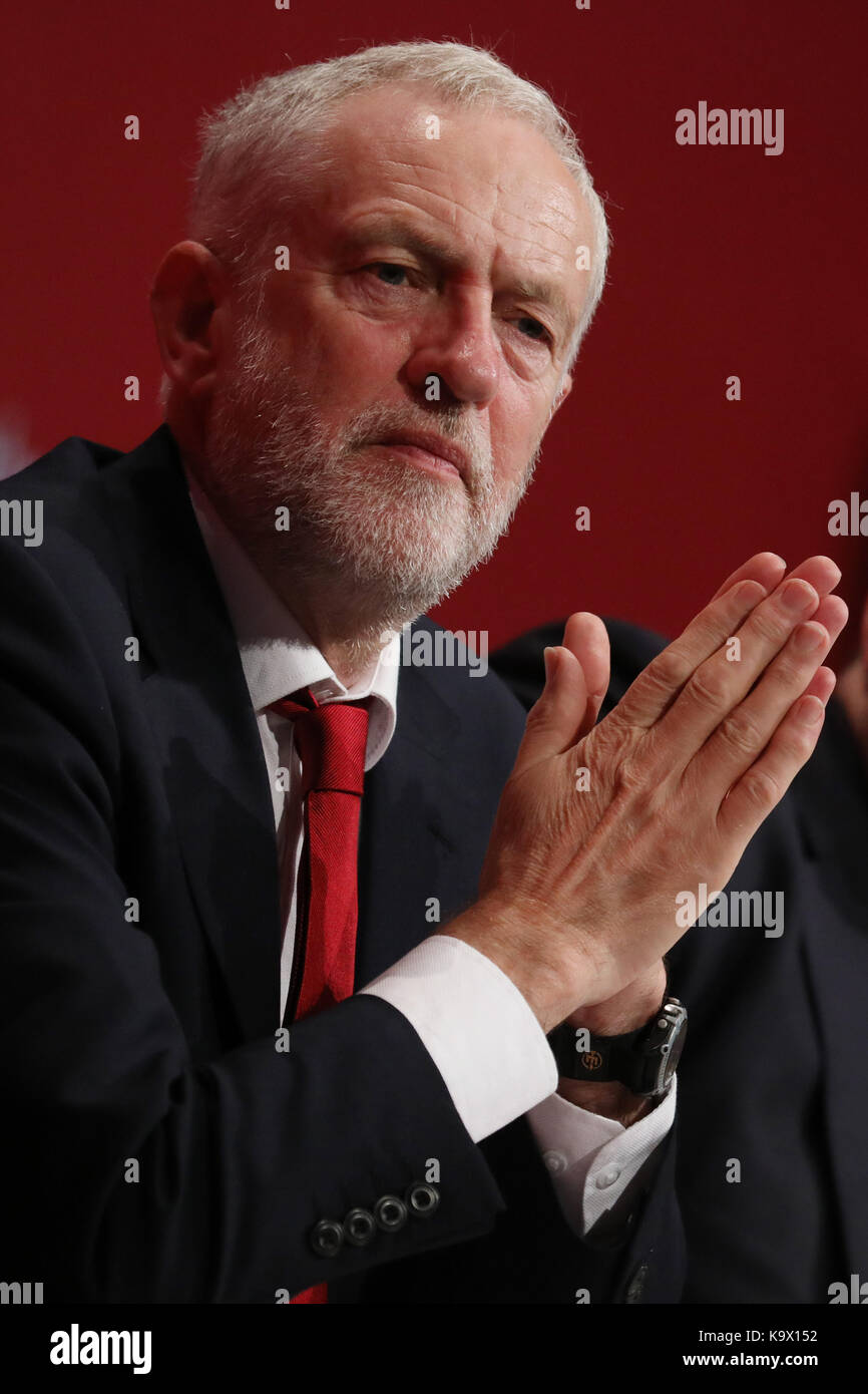 Brighton, UK. 24th September, 2017. Jeremy Corbyn, leader of Britain's opposition Labour party holds his hands together during the annual Labour Party Conference in Brighton, UK Sunday, September 24, 2017. Photograph : Credit: Luke MacGregor/Alamy Live News Stock Photo