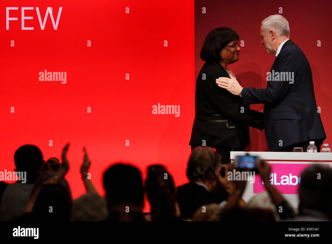 Brighton, UK. 24th September, 2017. Jeremy Corbyn, leader of Britain's opposition Labour party congratulates Diane Abbott, Shadow Home Secretary, after her speech during the annual Labour Party Conference in Brighton, UK Sunday, September 24, 2017. Photograph : Credit: Luke MacGregor/Alamy Live News Stock Photo