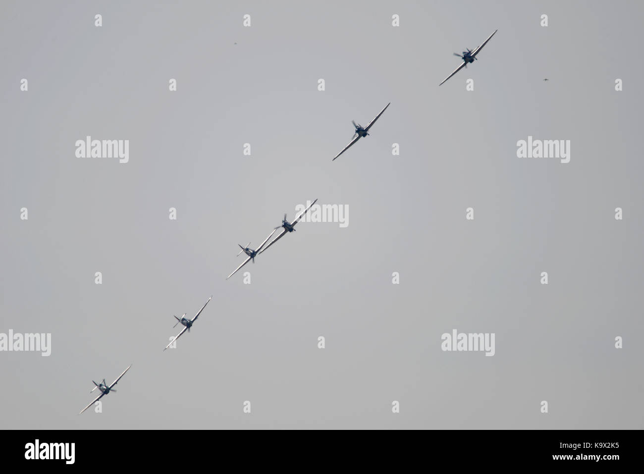 Six Hawker Hurricanes flying at the Duxford September Airshow. Space