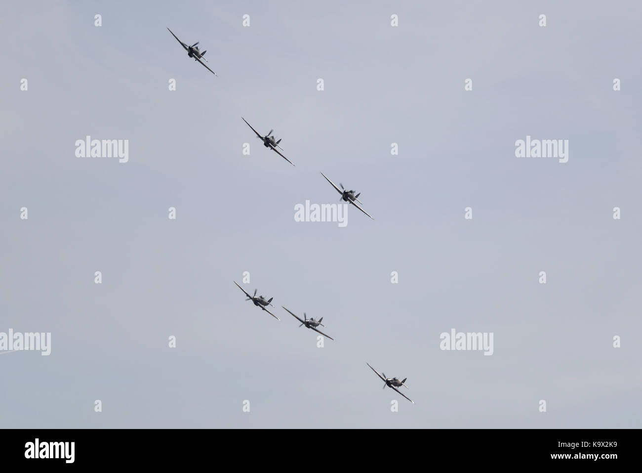 Six Hawker Hurricanes flying at the Duxford September Airshow Stock