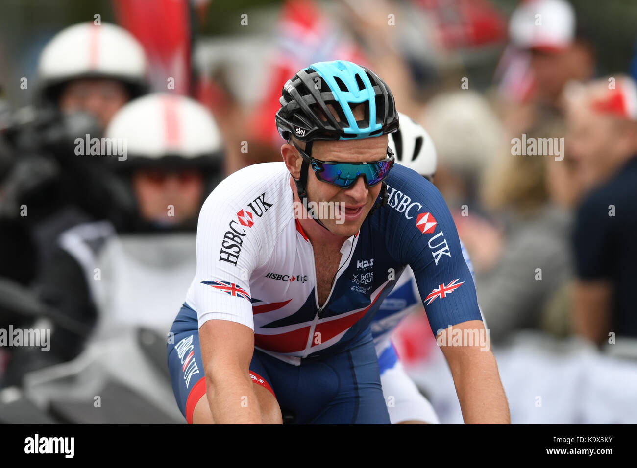 Bergen, Norway. 24th September, 2017. Ian Stannard of Great Britan struggled in the final laps and had to settle for a DNF in the race eventually. Credit: Kjell Eirik Irgens Henanger/Alamy Live News Stock Photo