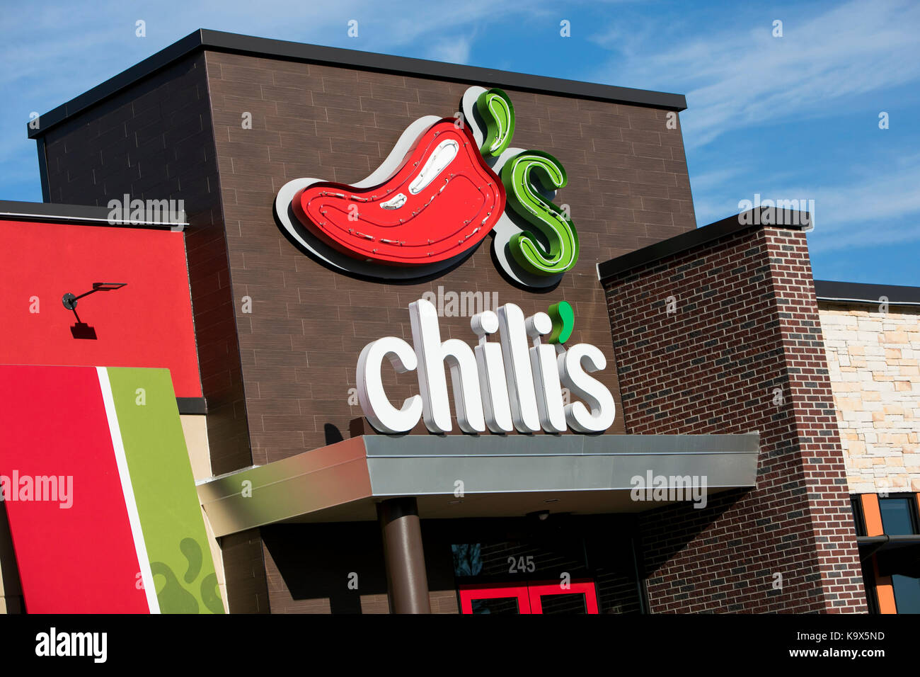A logo sign outside of a Chili's Grill & Bar restaurant location in Hagerstown, Maryland on September 23, 2017. Stock Photo