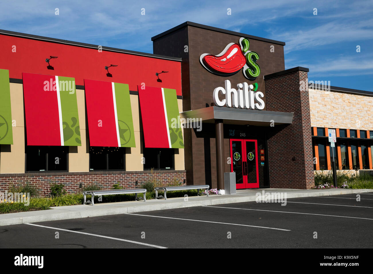 A logo sign outside of a Chili's Grill & Bar restaurant location in Hagerstown, Maryland on September 23, 2017. Stock Photo