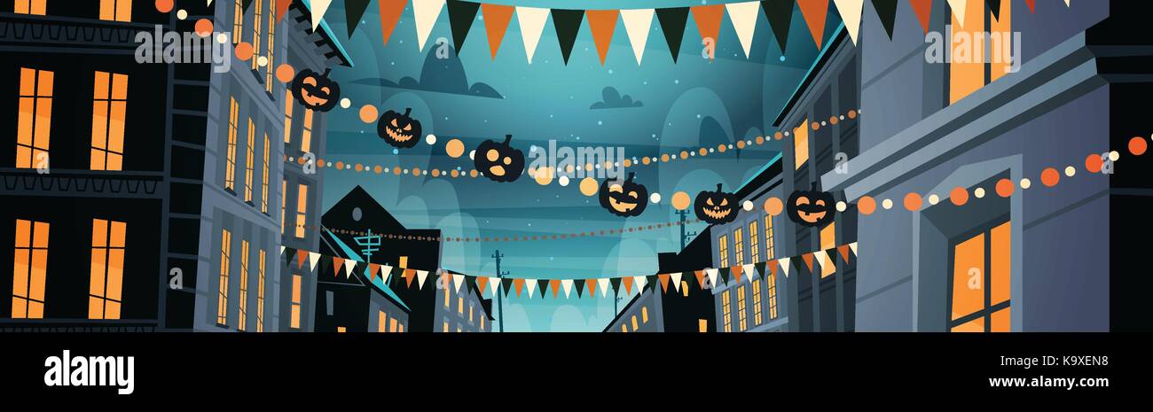 City Decorated For Halloween Celebration Home Building With Pumpkins, Garlands Holiday Night Party Concept Stock Vector