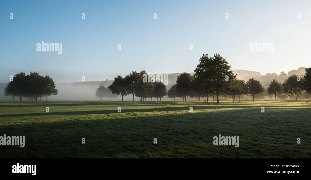 Stunning misty Autumn morning at Bolton Bridge near Bolton Abbey, North Yorkshire Stock Photo