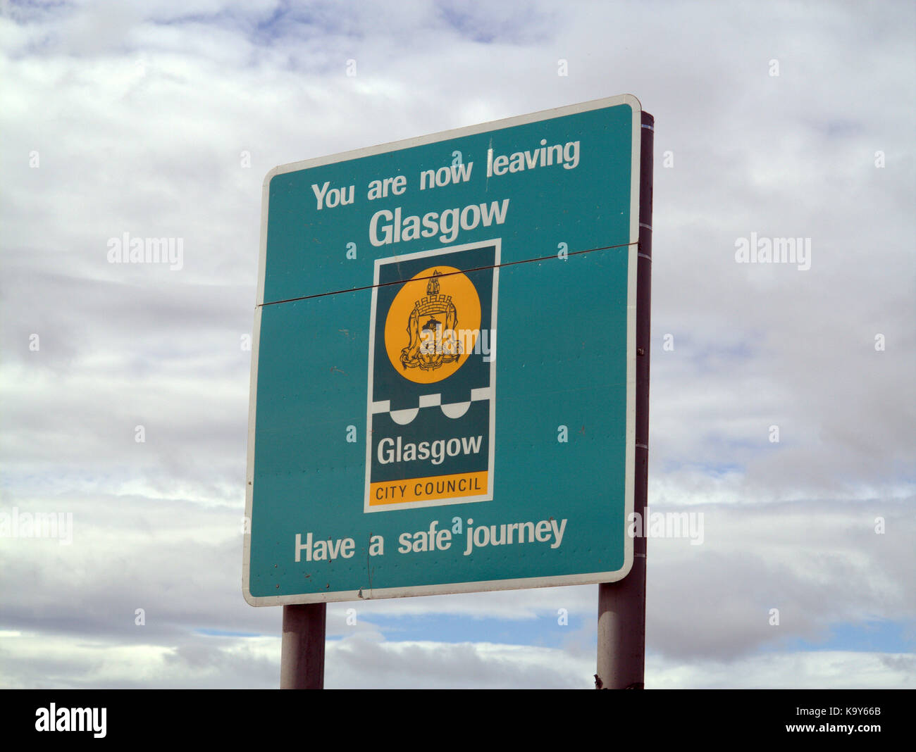 you are now leaving Glasgow sign have a safe journey logo Stock Photo
