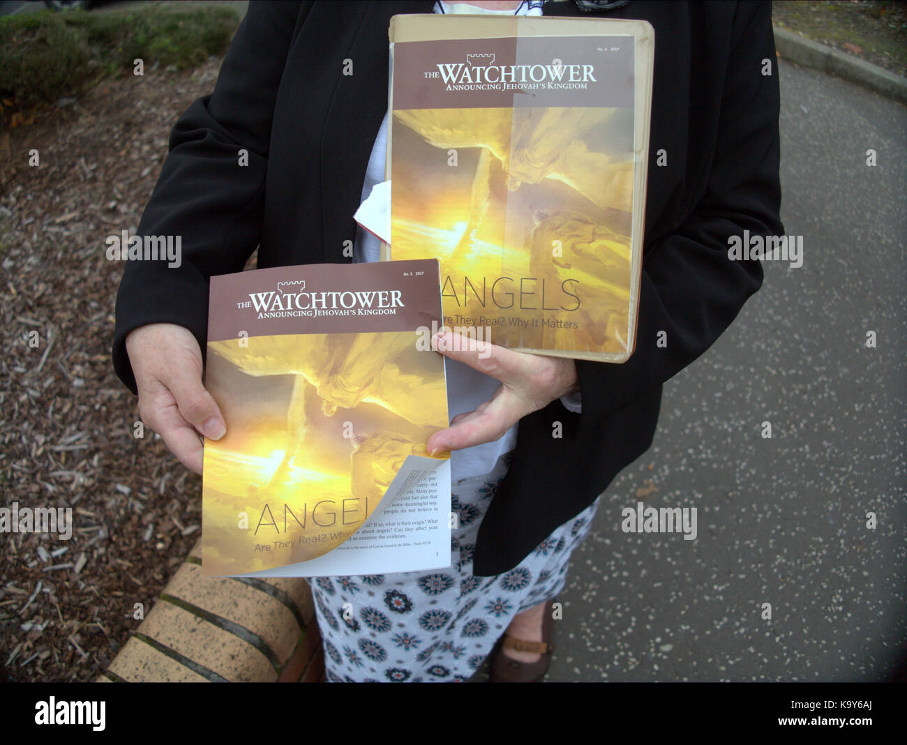 Jehovah's witnesses watchtower angels edition close up Stock Photo