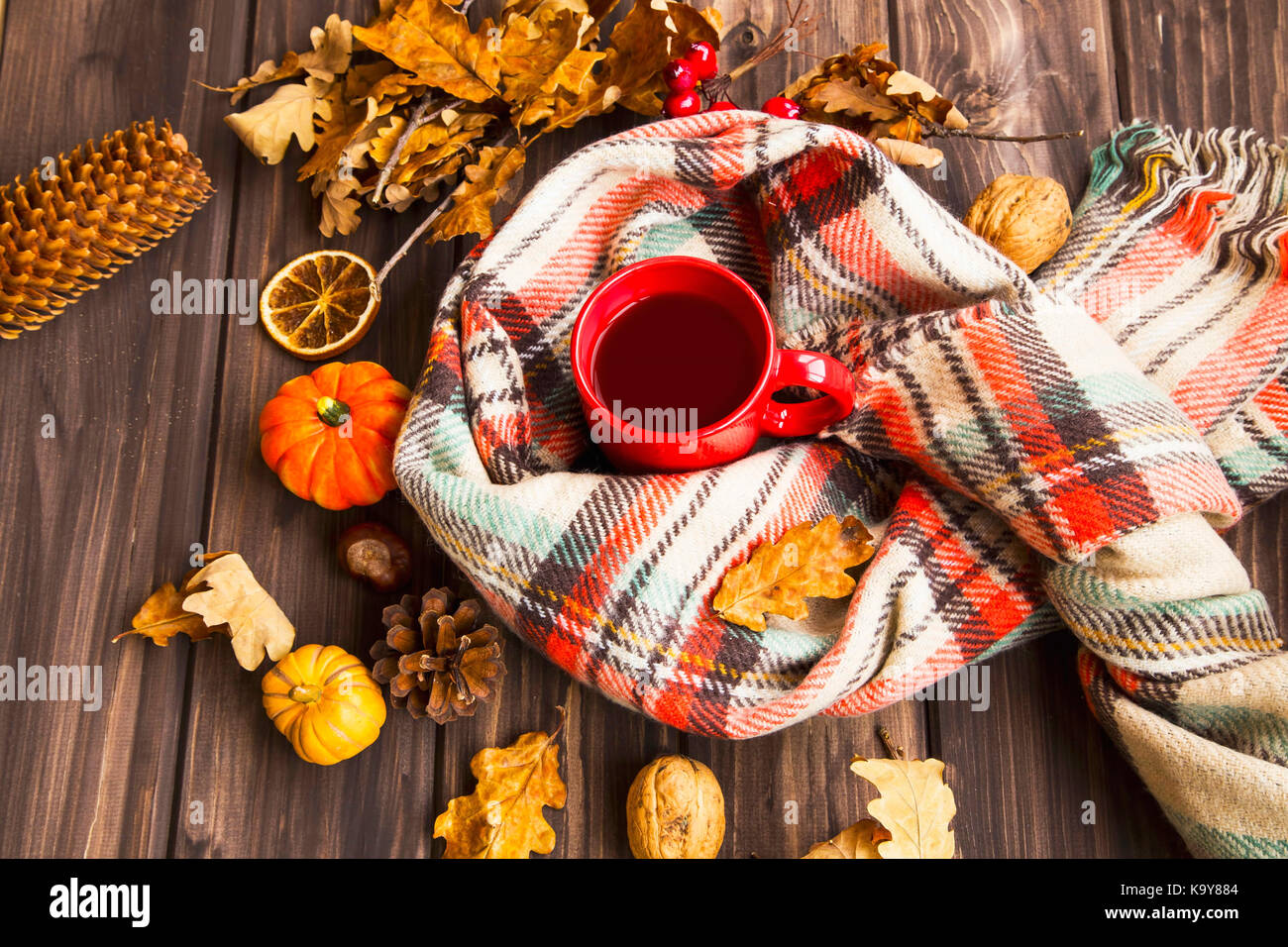 Flatlay of cozy fall setting. Scarf with tea cup and autumn decorations with pumpkins, dried leaves, pine cones on wooden background Stock Photo