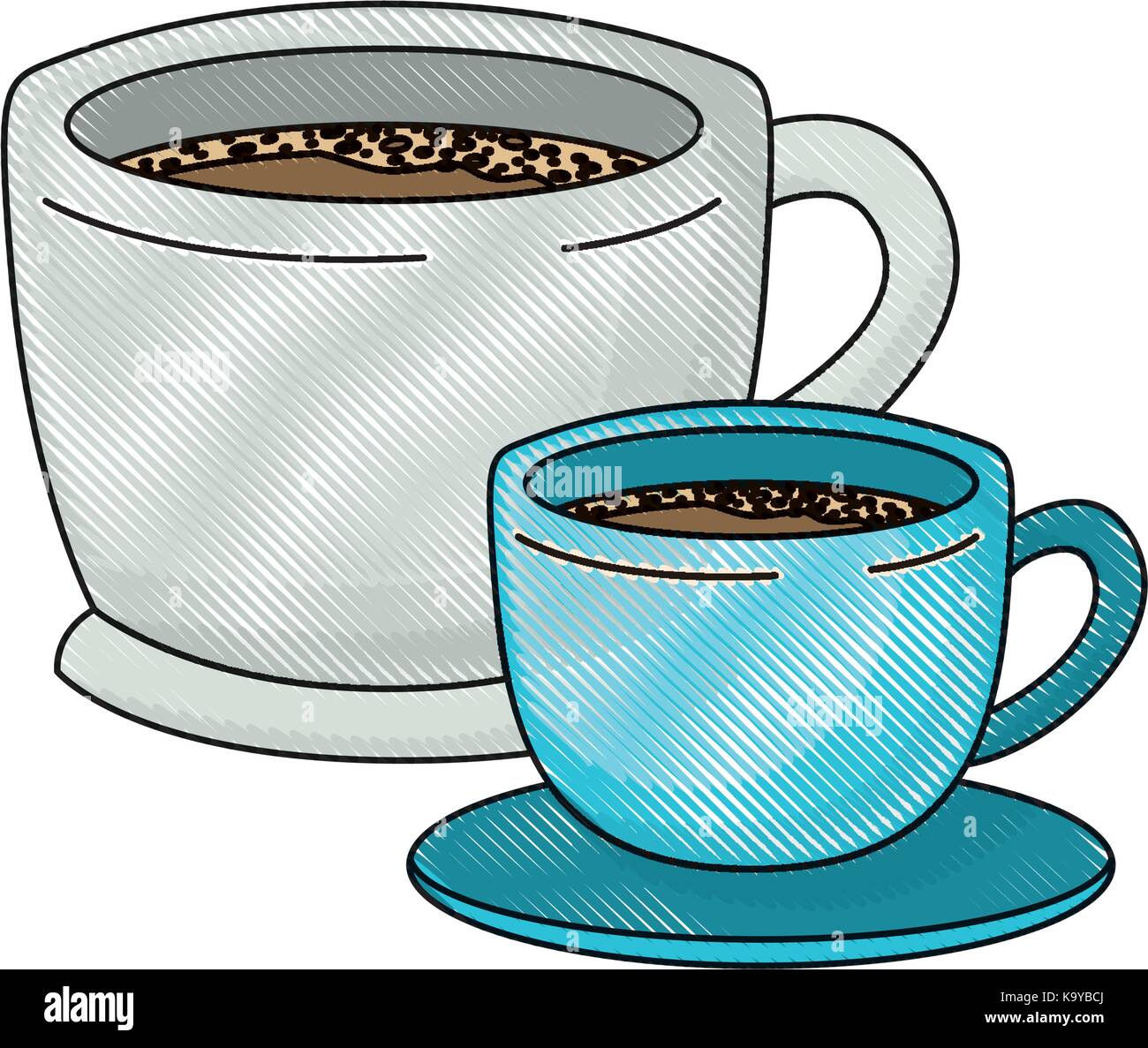 set big and small cup of coffee colored crayon silhouette Stock Vector