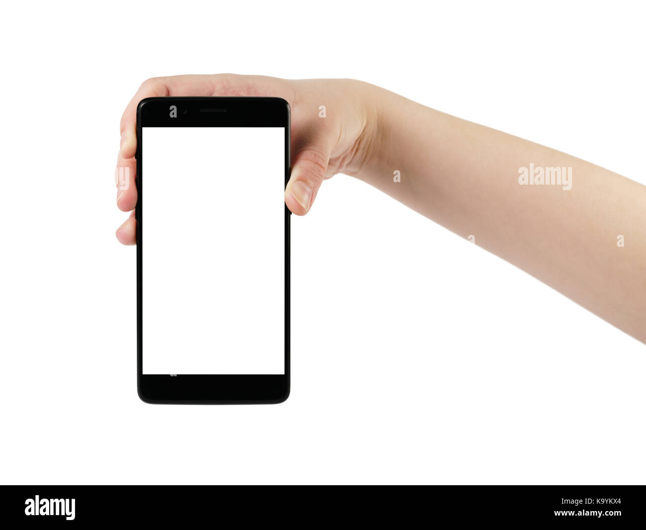 young female hand holding smartphone isolated on white background Stock ...
