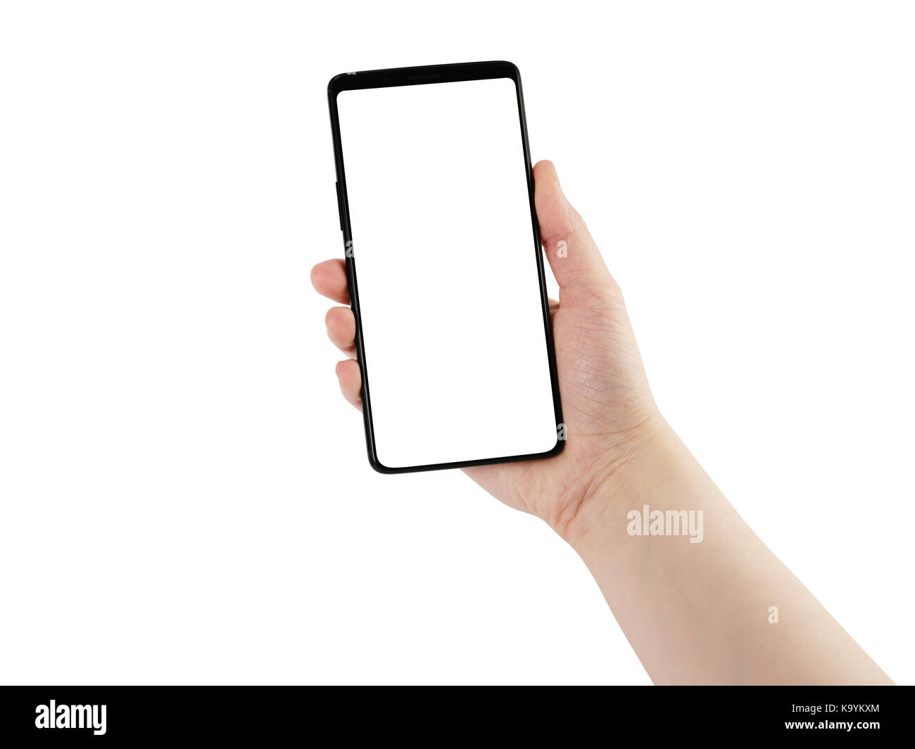 young female hand holding smartphone isolated on white background Stock ...