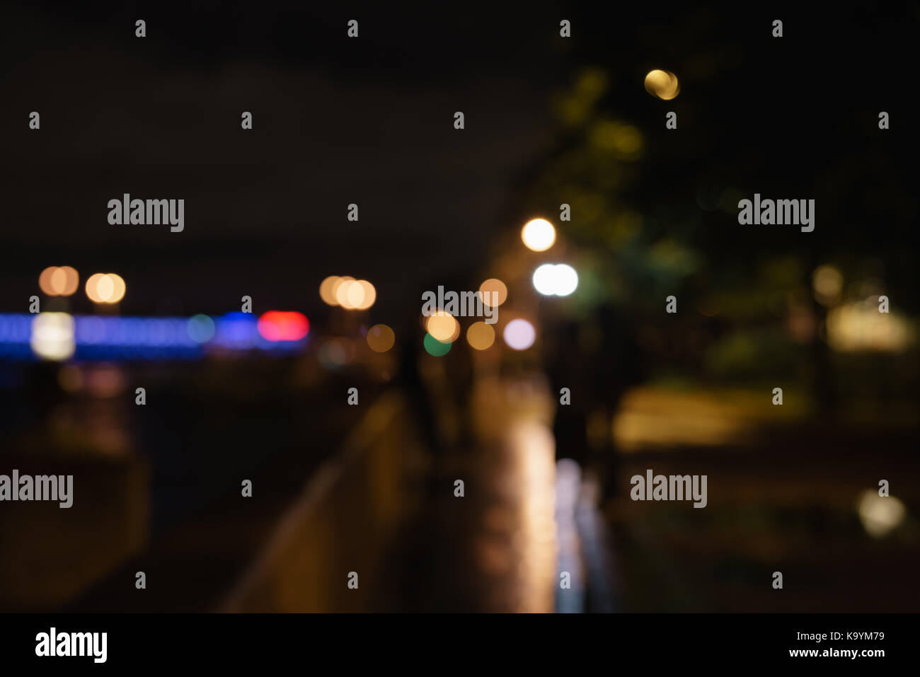 bokeh blur of sidewalk near river in city at night, real lens blur Stock Photo