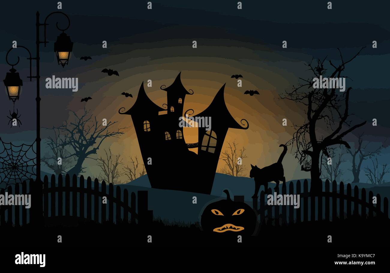 Halloween background with haunted house, bats and pumpkin, vector ...