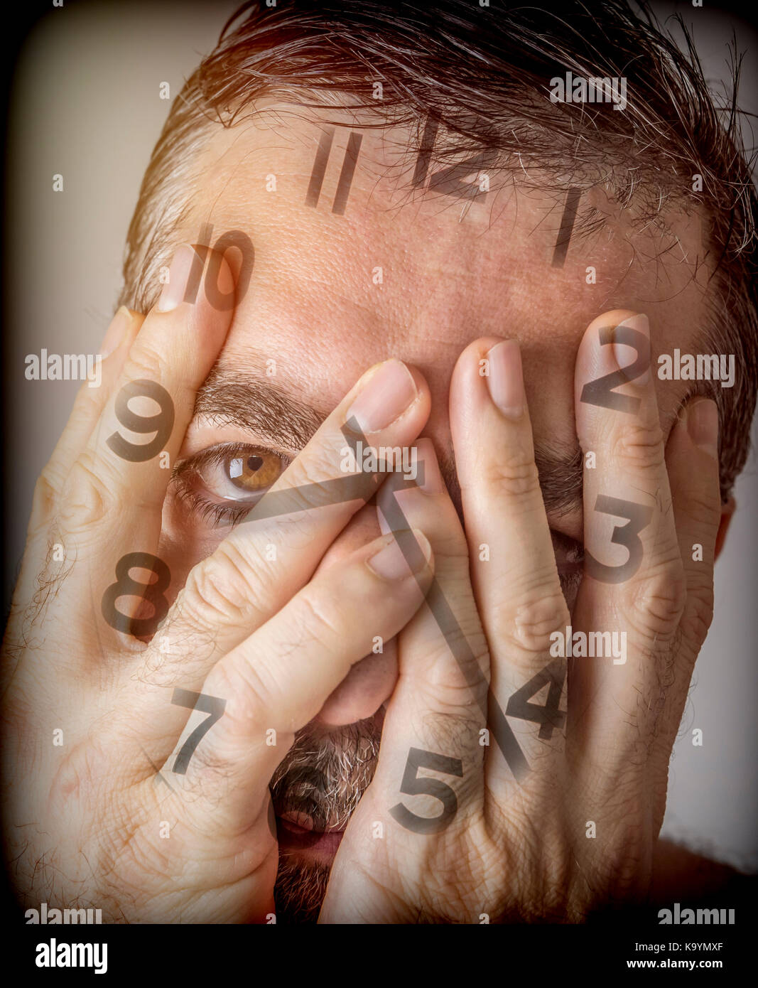 Man with both hands on his face lets see an eye, digital composition Stock Photo