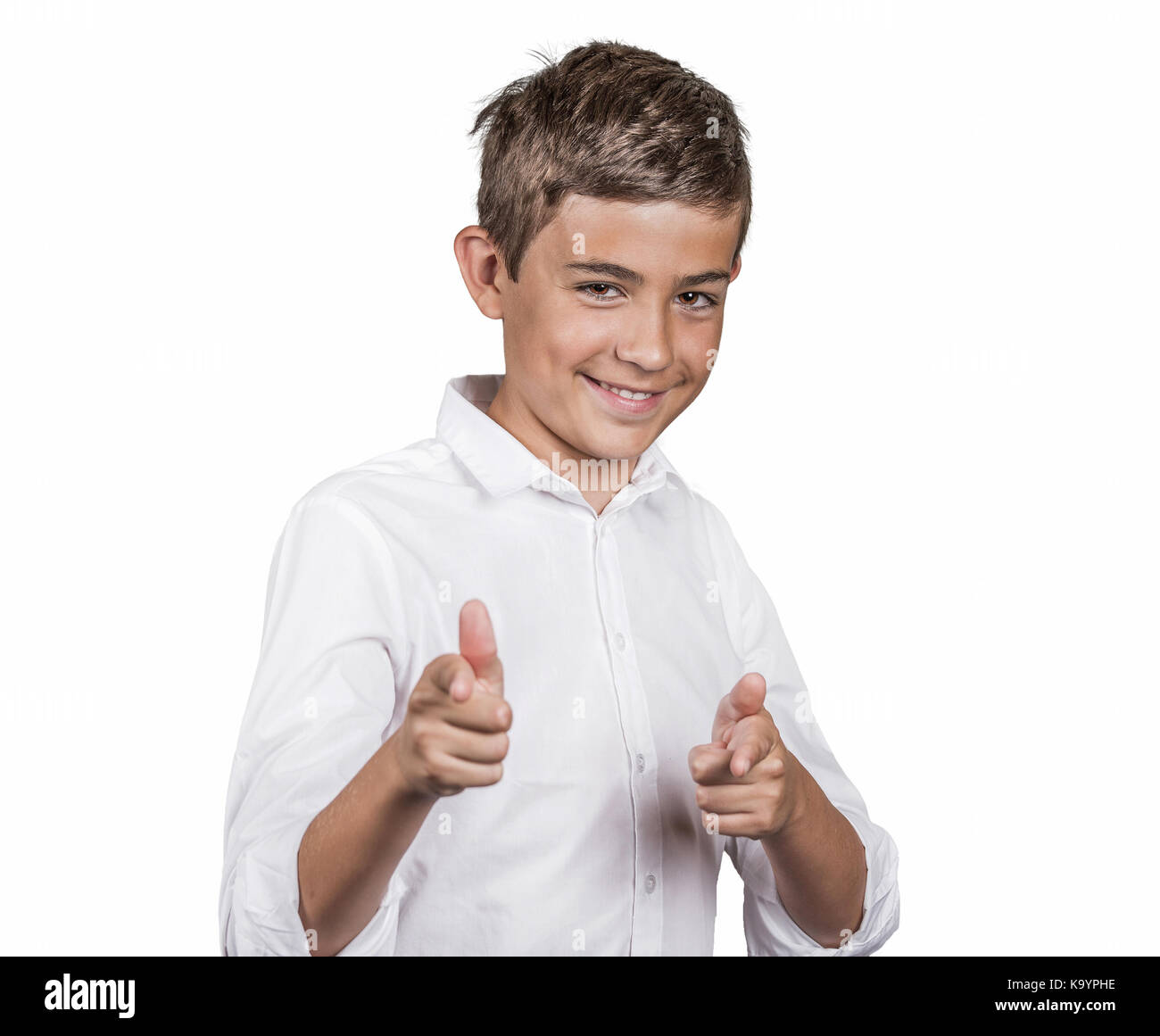 Portrait handsome young smiling man giving two thumbs up, pointing with fingers at camera, picking you as friend isolated white background. Positive h Stock Photo