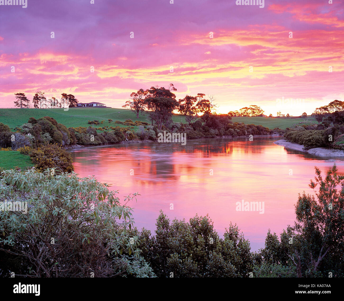 New Zealand. Auckland Region, Rural property with water at sunrise