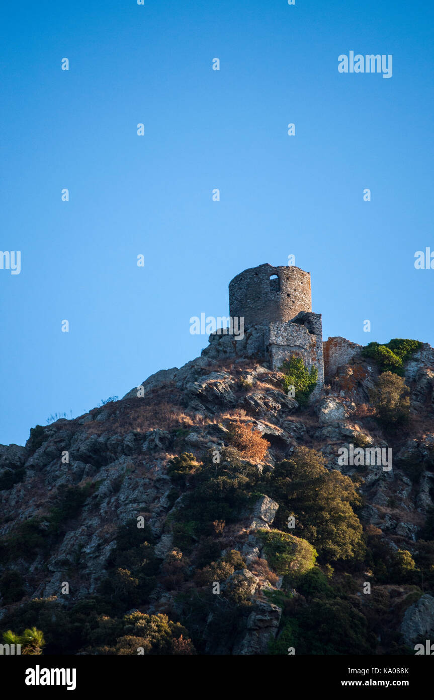 Corsica: the Tower of Seneca, ancient Genoese tower in the heart of the Cap Corse dated from the XVI century, historic monument built as watchtower Stock Photo