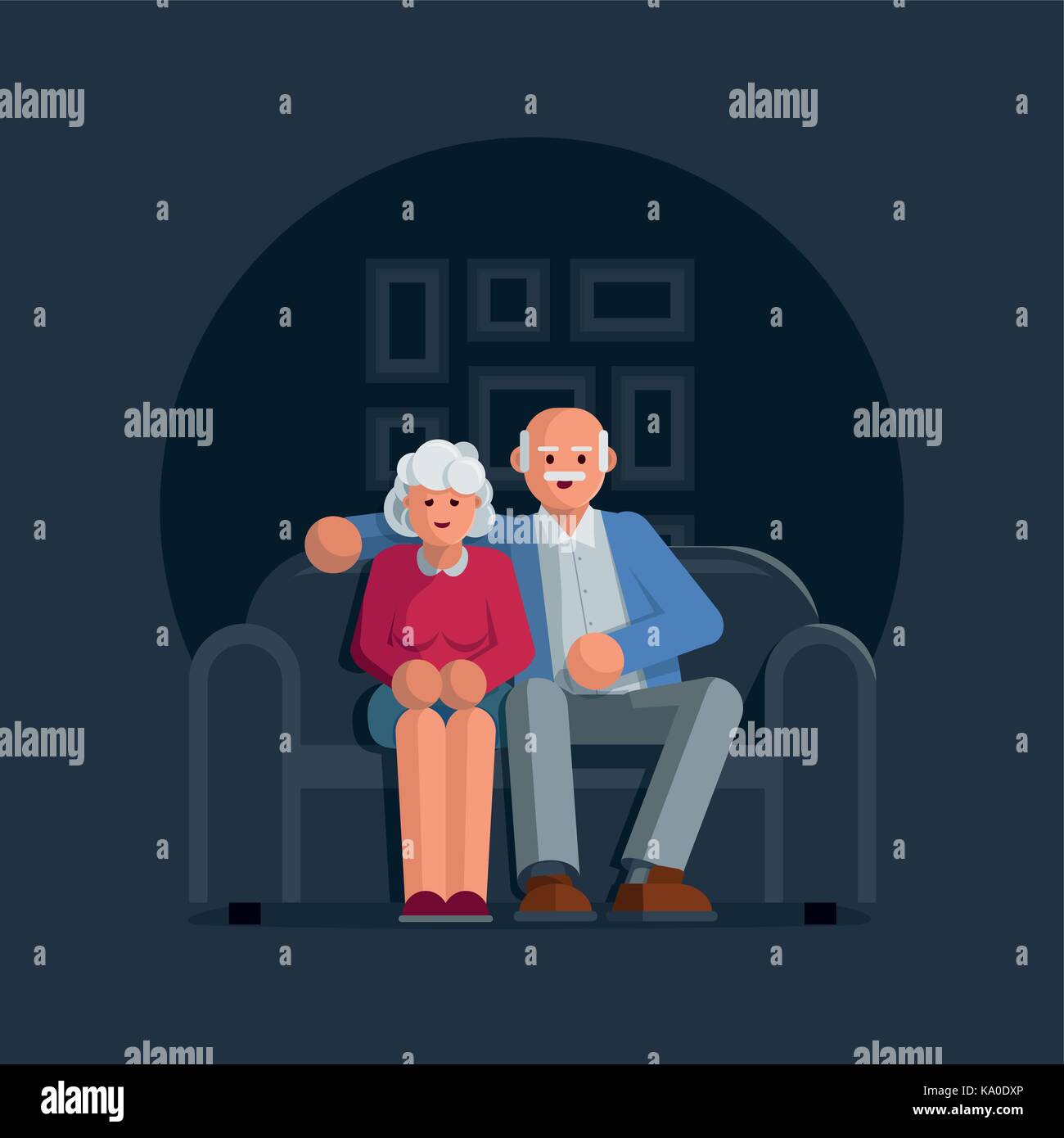 Happy elderly couple sitting on a sofa together. Vector character illustration. Stock Vector