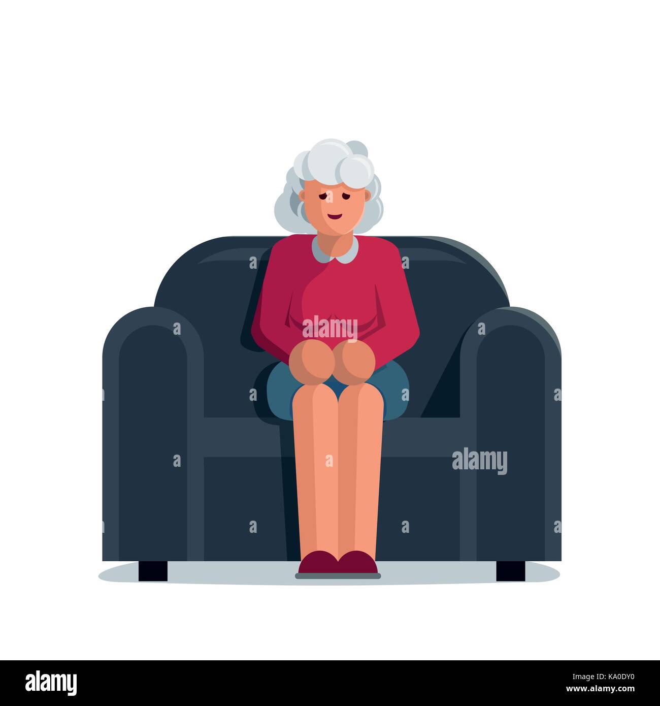 Happy elderly woman sitting on a sofa. Vector character illustration. Stock Vector
