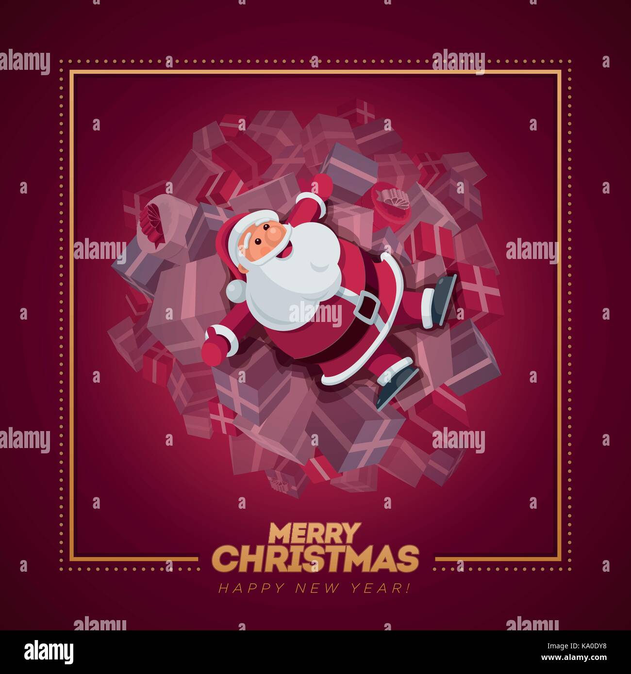 Vector illustration of Santa Claus. Christmas concept design. Santa lying down on lot of gift boxes. Stock Vector