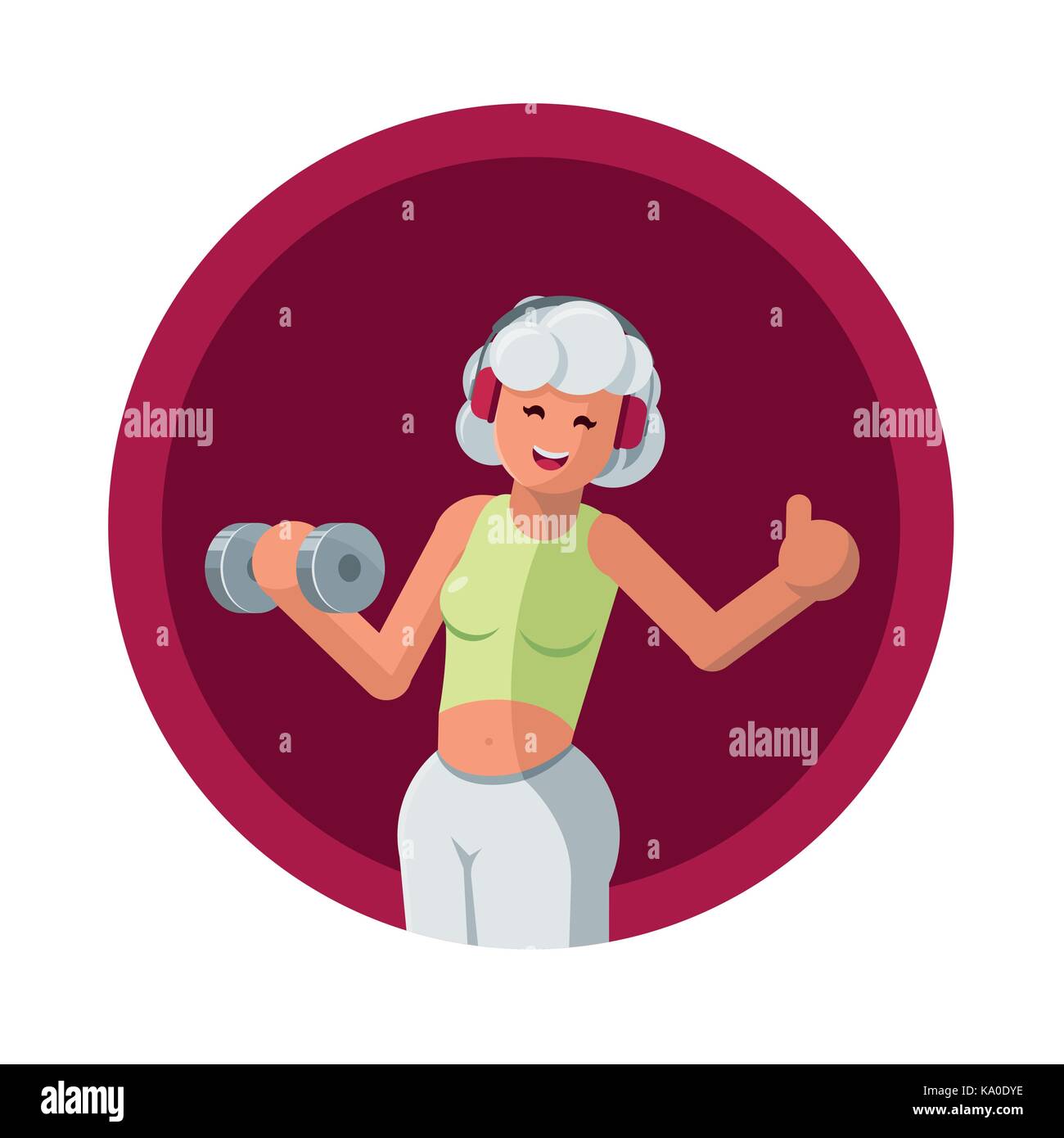 Fitness concept illustration. Beautiful white hair senior woman training with dumbbell and listening to the music with headphones. Vector flat illustr Stock Vector