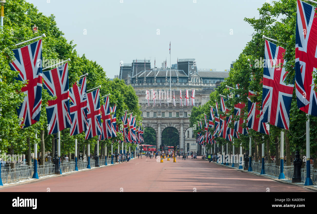 Flags on road, Buckingham Palace, The Mall, Southwark, London, London region, London, England, Great Britain, Europe Stock Photo