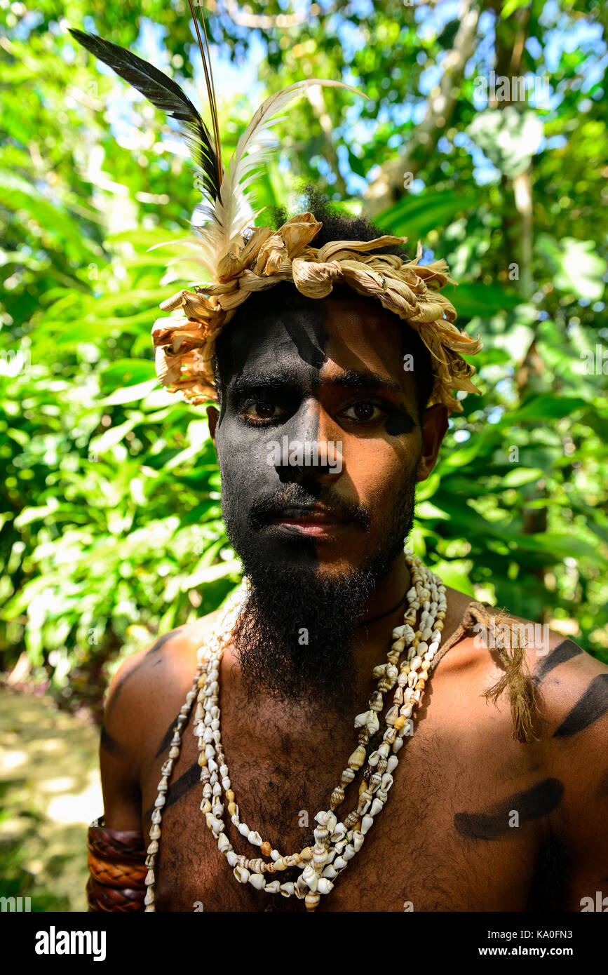 Tribal warrior in the Ekasup Cultural Village, Island of Efate, Vanuatu, South Sea, Oceania Stock Photo