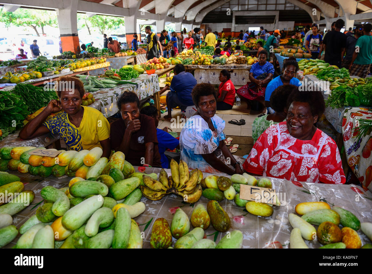 Market stall with vegetables for sale, market in Port Vila, Island of Efate, Vanuatu, South Sea, Oceania Stock Photo