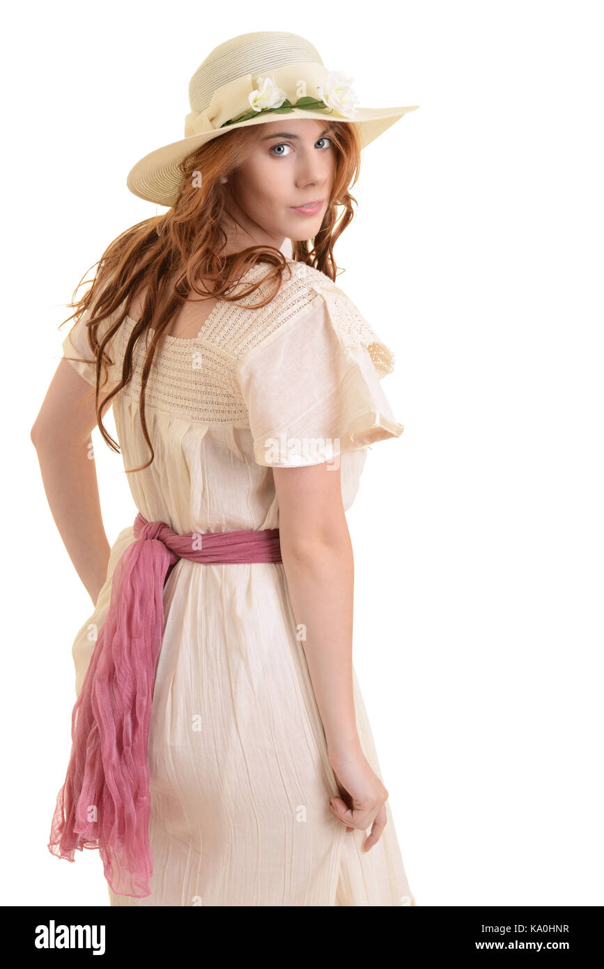 isolated vintage woman with hat and pink sash Stock Photo