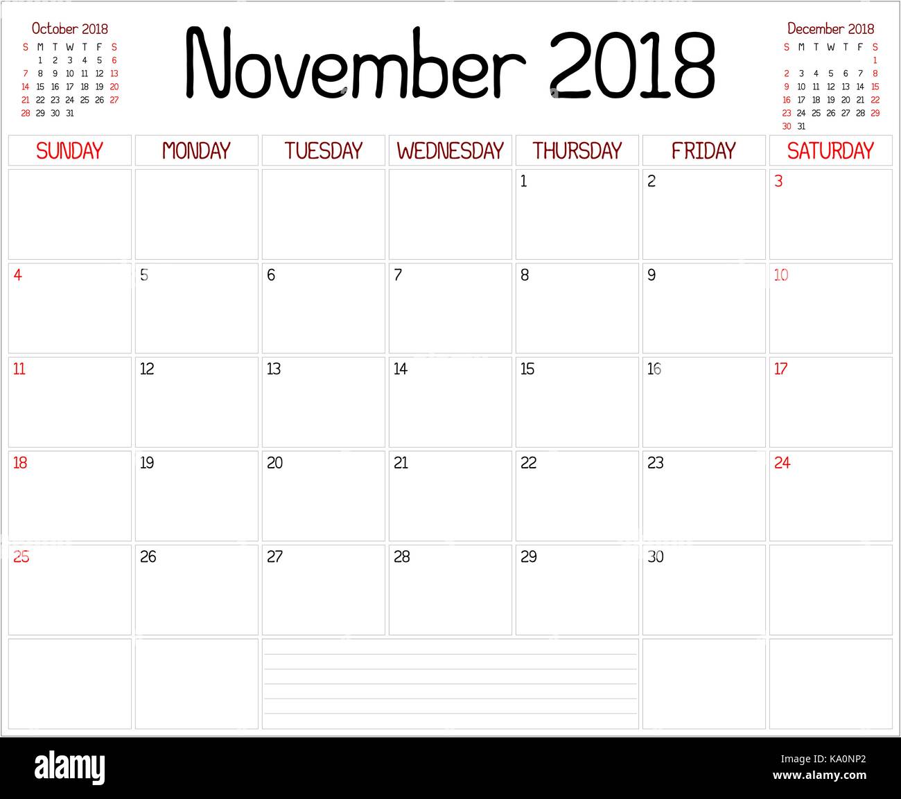 Year 2018 November Planner - A monthly planner calendar for November 2018 on white. A custom handwritten style is used. Stock Vector