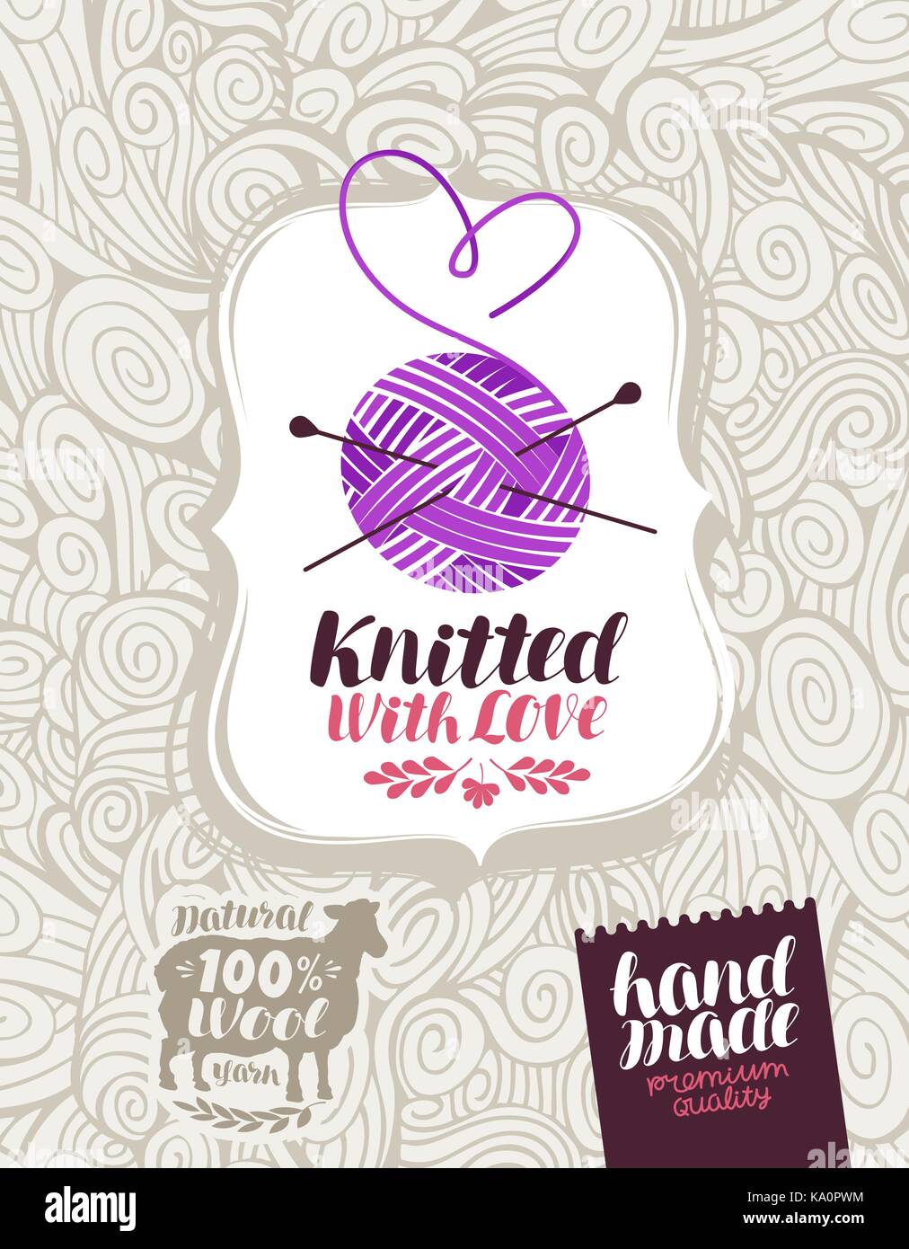 Knitting banner. Knitted with love, lettering. Vector illustration Stock Vector