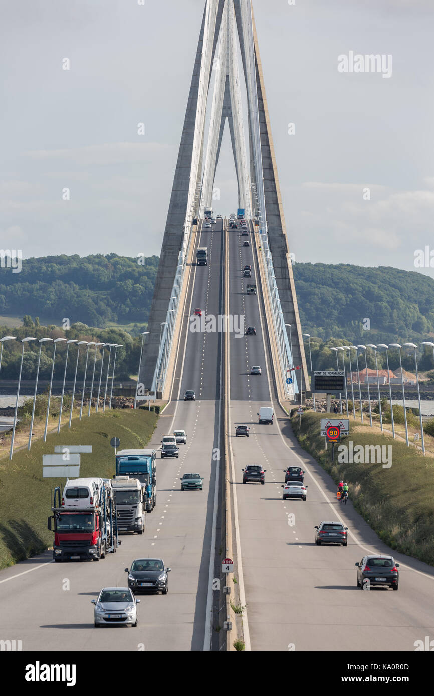Traffic at Pont de Normandie, bridge over river Seine near Le Havre in