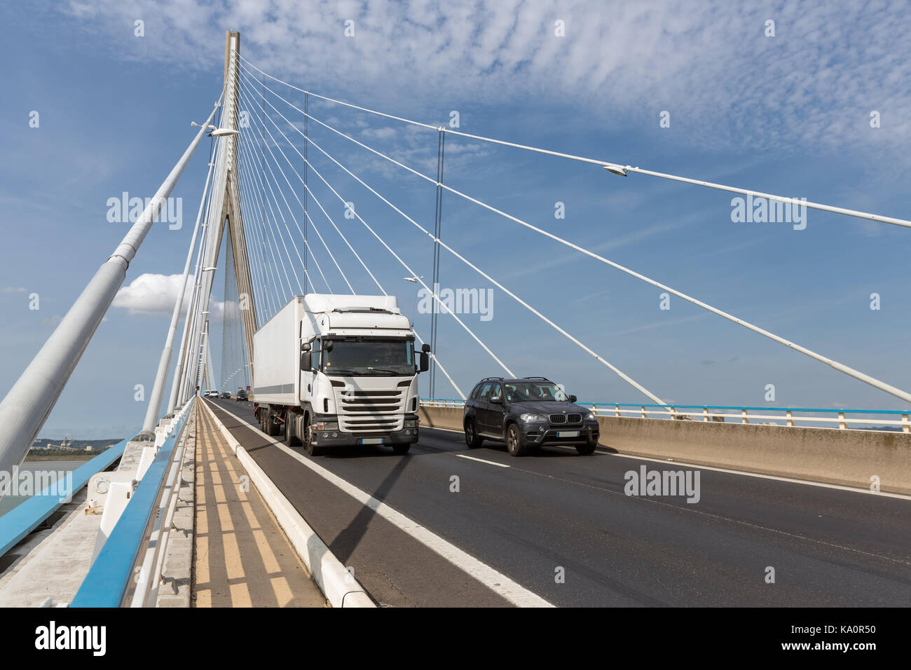 Traffic at Pont de Normandie, French bridge over river Seine near Le