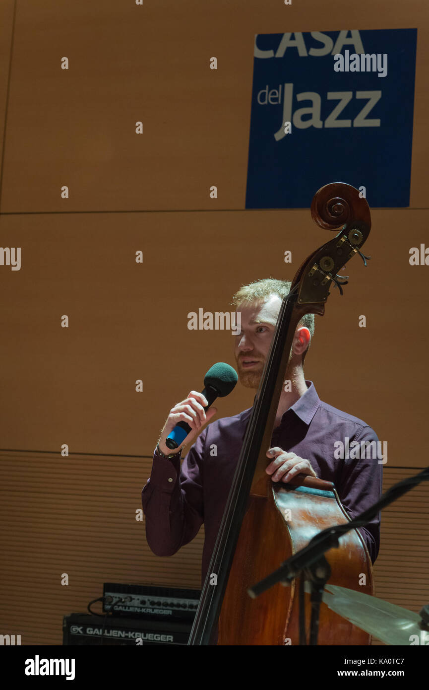 Rome, Italy. 23rd Sep, 2017. The SIAE 2016 winner quartet performed live on 23/9/2017 on the stage of the Casa del Jazz in Rome on the concluding night of a Franco-Italian jazz and improvised music festival 'Una Striscia di Terra Feconda'. Along with Gabriele Evangelista band leader and contrabbassist, Pasquale Mirra performed on vibraphone, Gabrio Baldacci on guitar and Bernardo Guerra on drums. Gabriele Evangelista Credit: Leo Claudio De Petris/Pacific Press/Alamy Live News Stock Photo