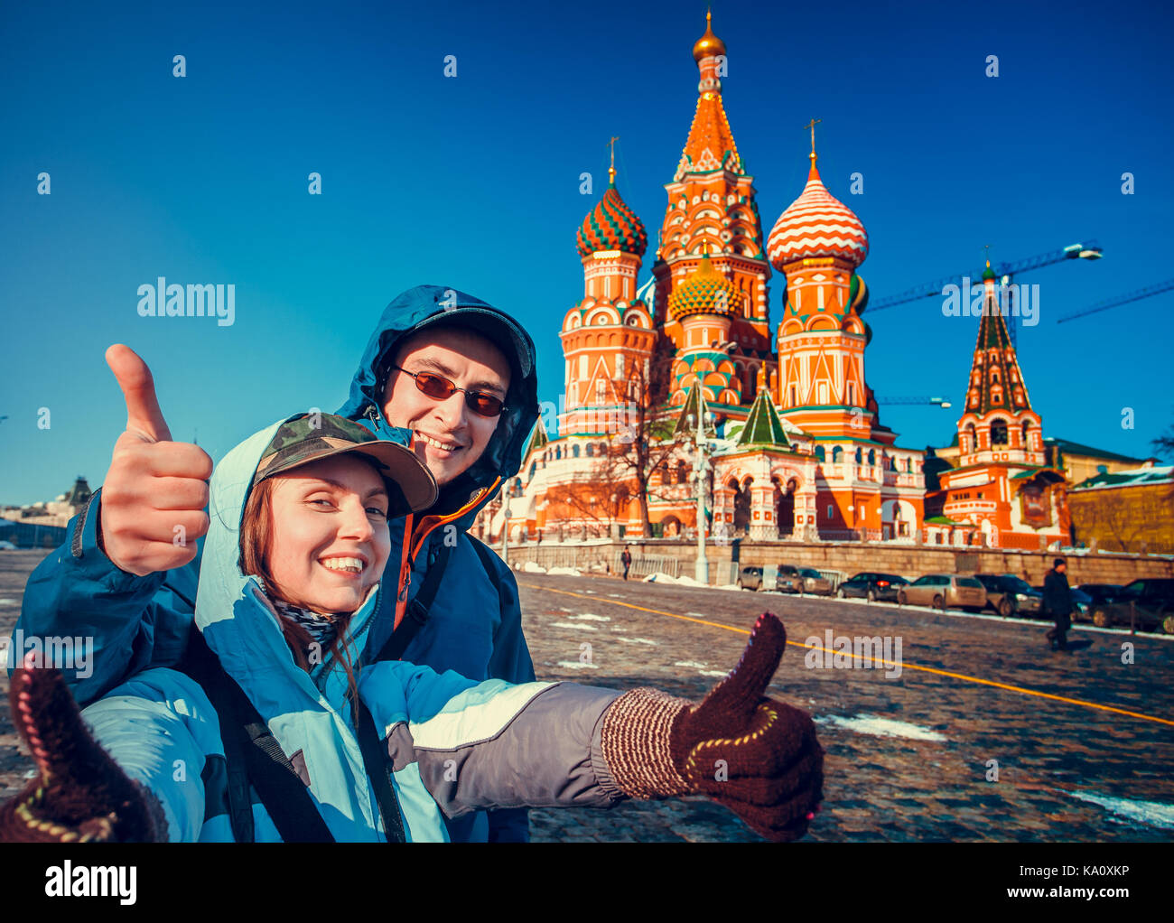 Happy tourists on Red Square, Moscow, Russia Stock Photo