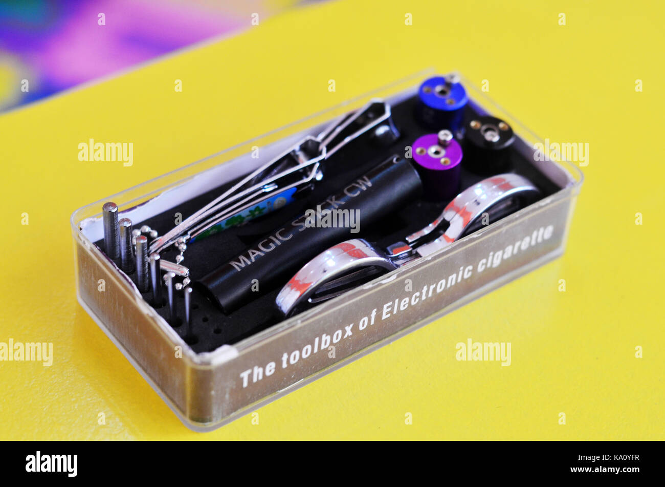 the toolbox of electronic cigarette Colorful vape flavors hi-res stock photography and images