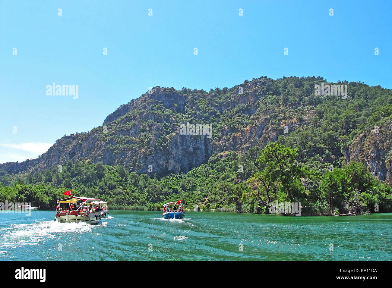 Excursion boats on Dalyan River, Turkey Stock Photo