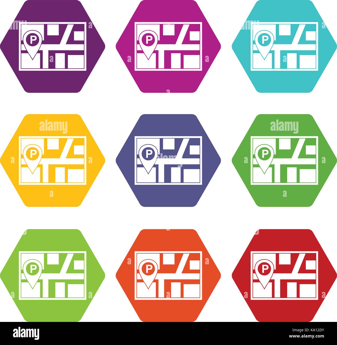 Map with car parking pointer icon set color hexahedron Stock Vector ...