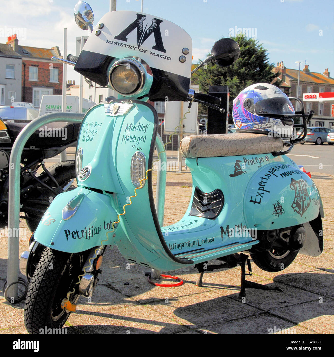 Weymouth, UK. 22nd September - A 'Mod' styled A.J.S. scooter gets a fantastic 'Harry Potter' decal treatment Weymouth Stock Photo - Alamy