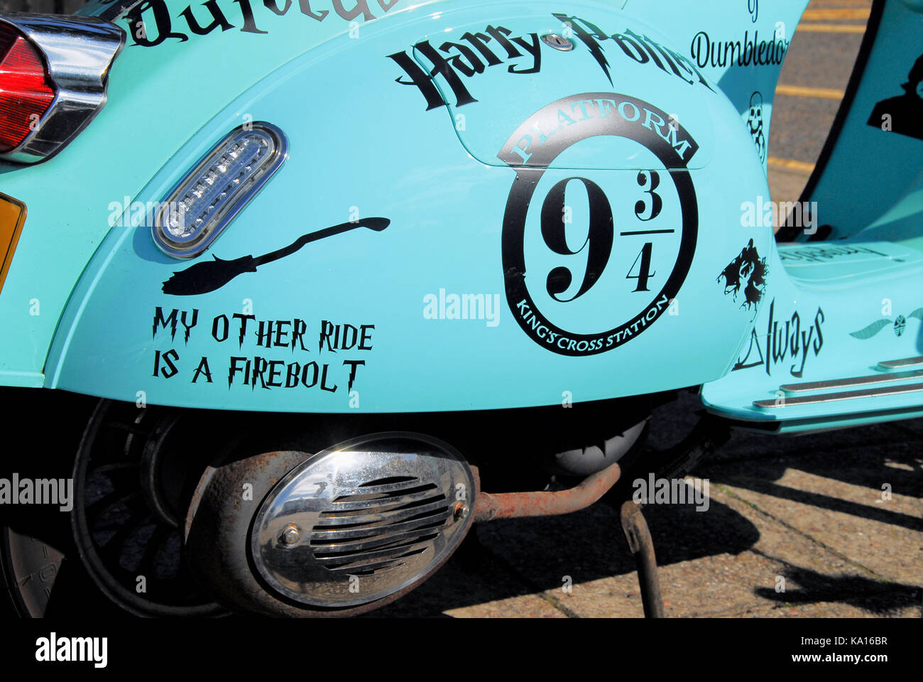 Weymouth, UK. 22nd September 2017 A 'Mod' styled A.J.S. scooter gets