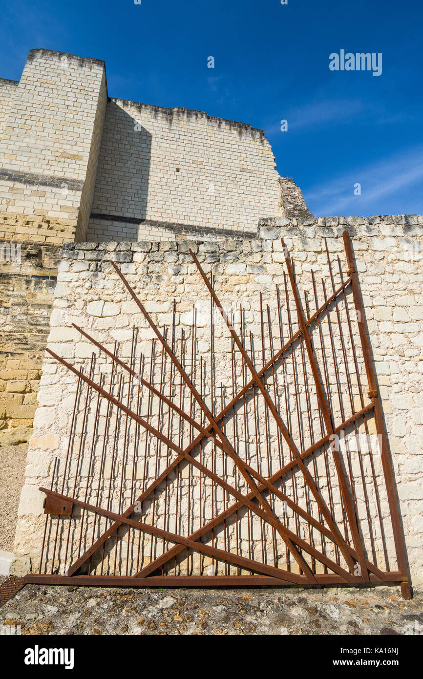 Modern metal gate, Chateau Chinon, France. Stock Photo