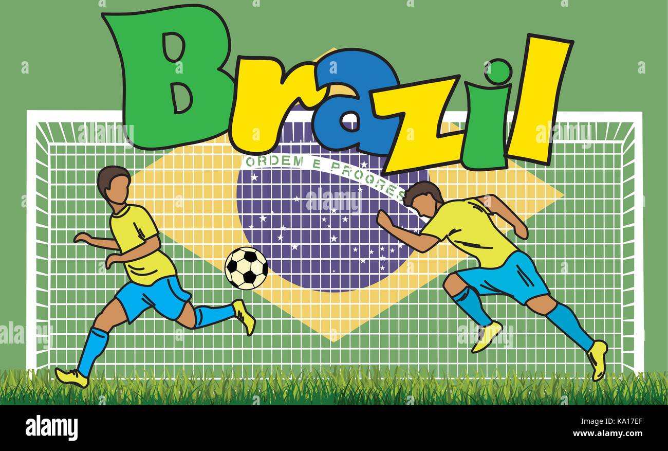 Cartoon football picture on the background of the Brazilian flag and an  inscription Brazil, vector illustration Stock Vector Image & Art - Alamy