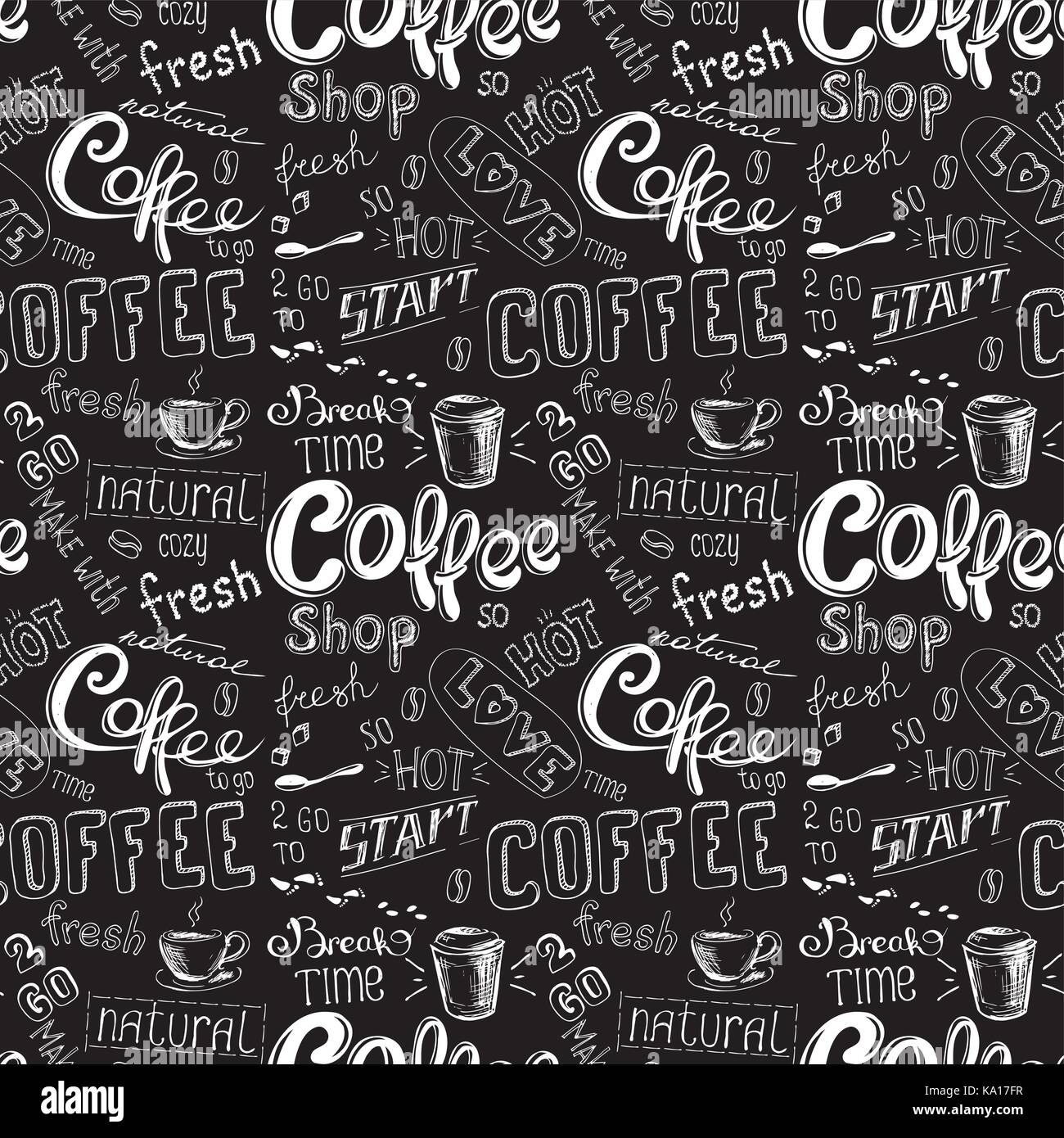 seamless doodle coffee pattern on black background ,hand drawn vector ...