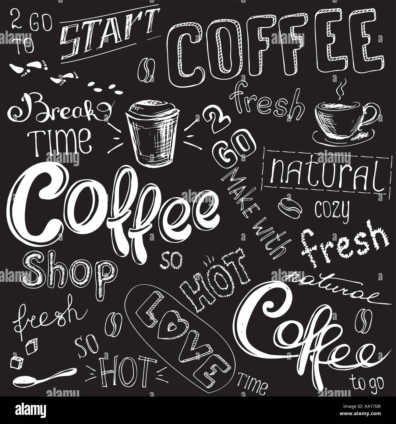 Coffee doodle background, hand drawn on black,vector illustration Stock Vector