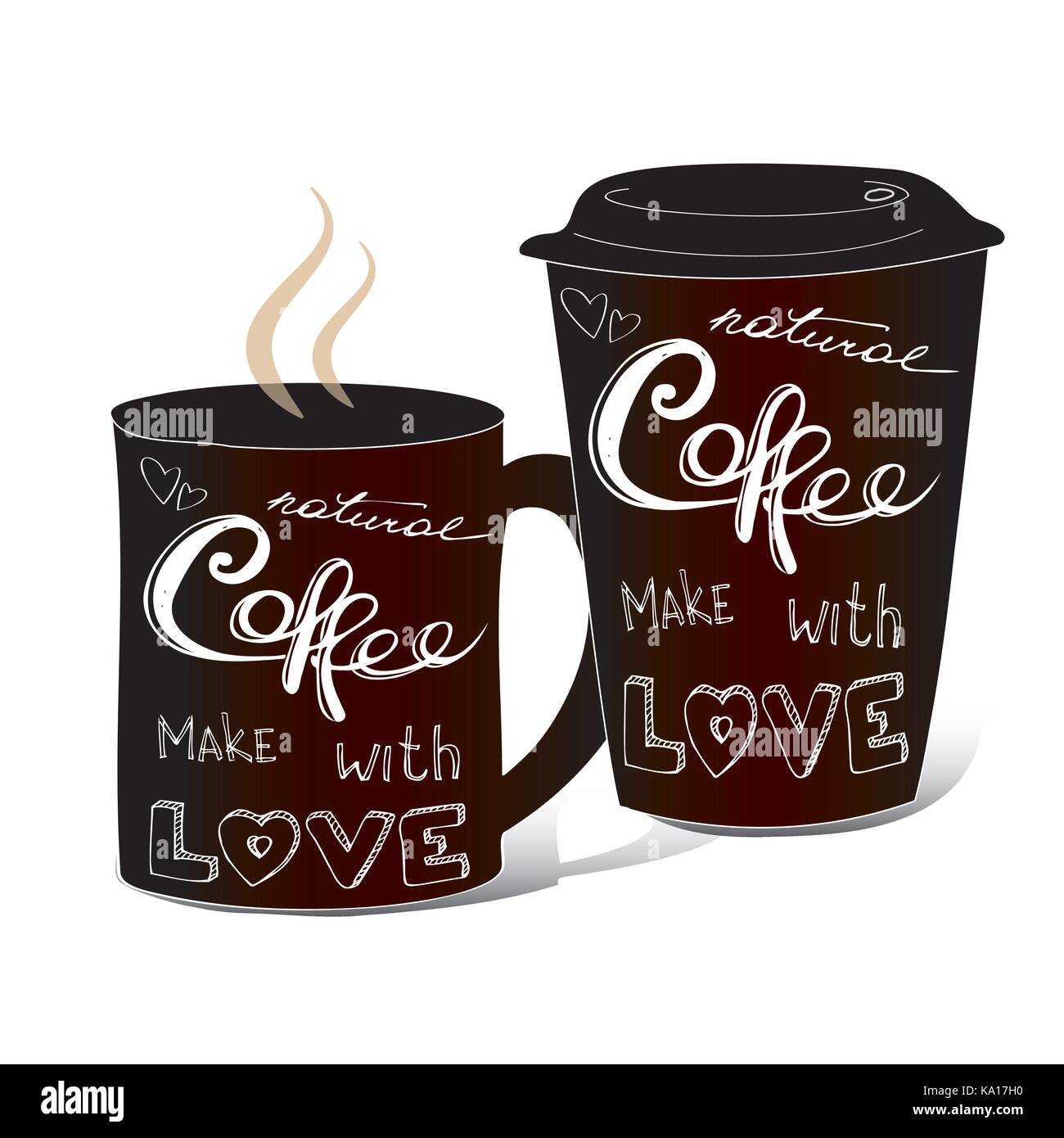 Black coffee cup covered with handdrawings on the theme of coffee