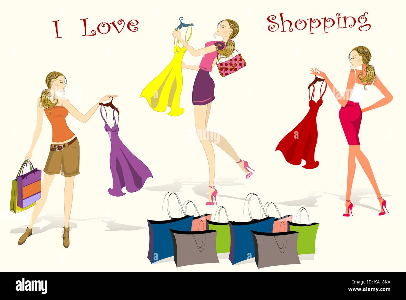 Set Pretty shopping girls with dress and bags, vector illustration ...